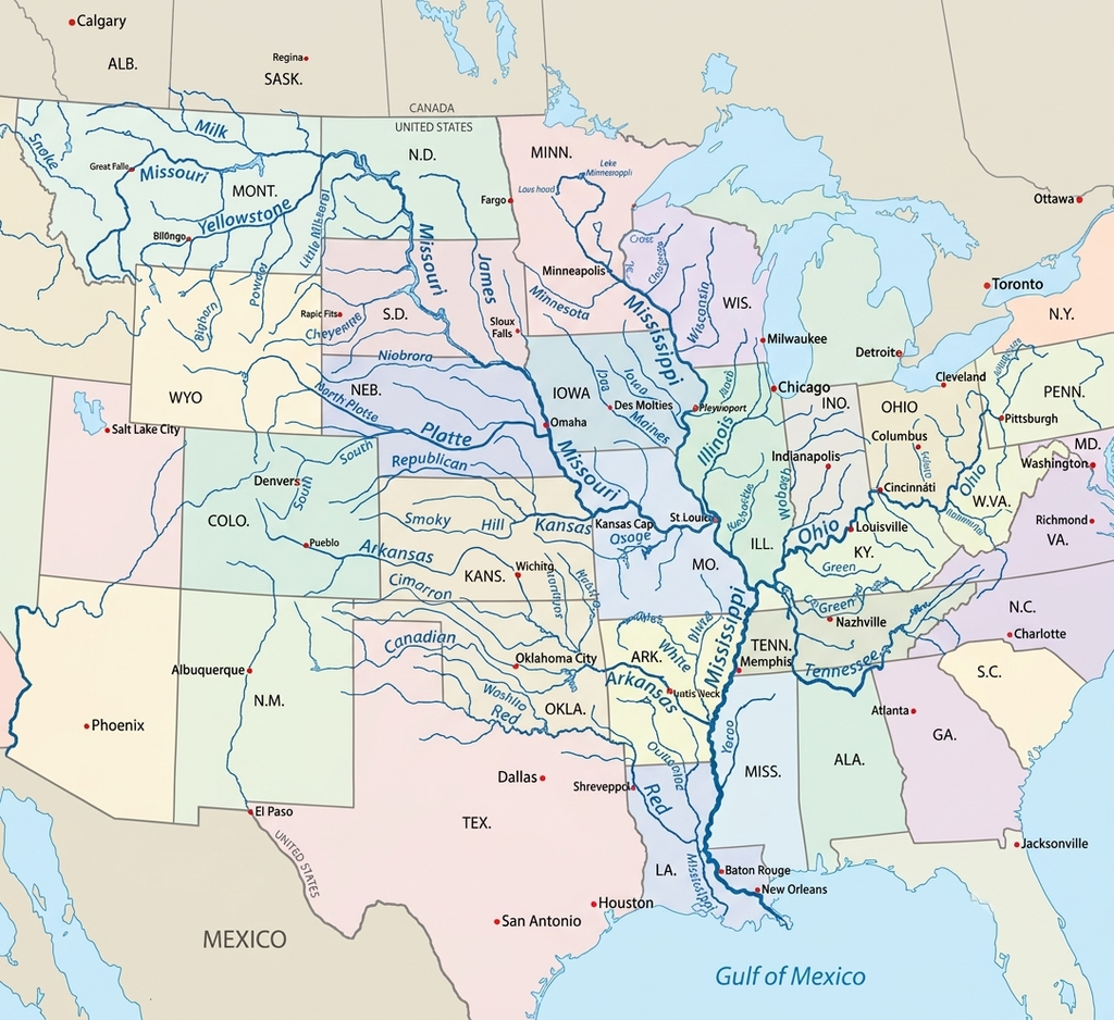 Mississippi River Map with States