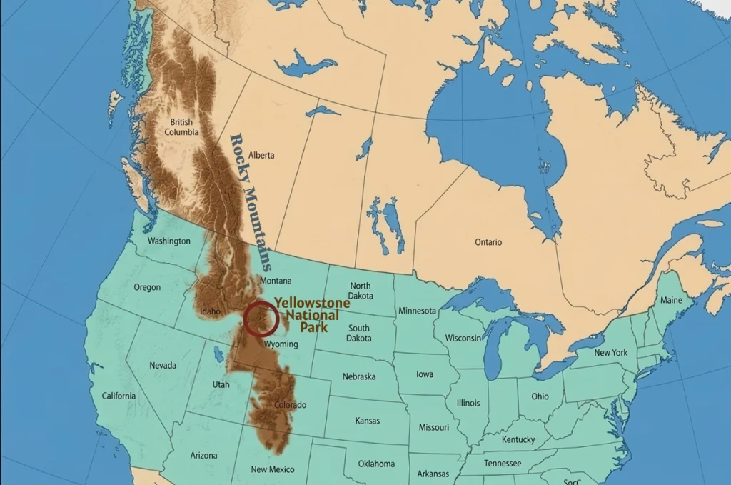 Map of Yellowstone National Park within the Rocky Mountains