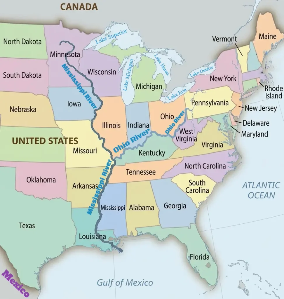 Map of the Mississippi River and Ohio River showing their routes and confluence near Cairo, Illinois
