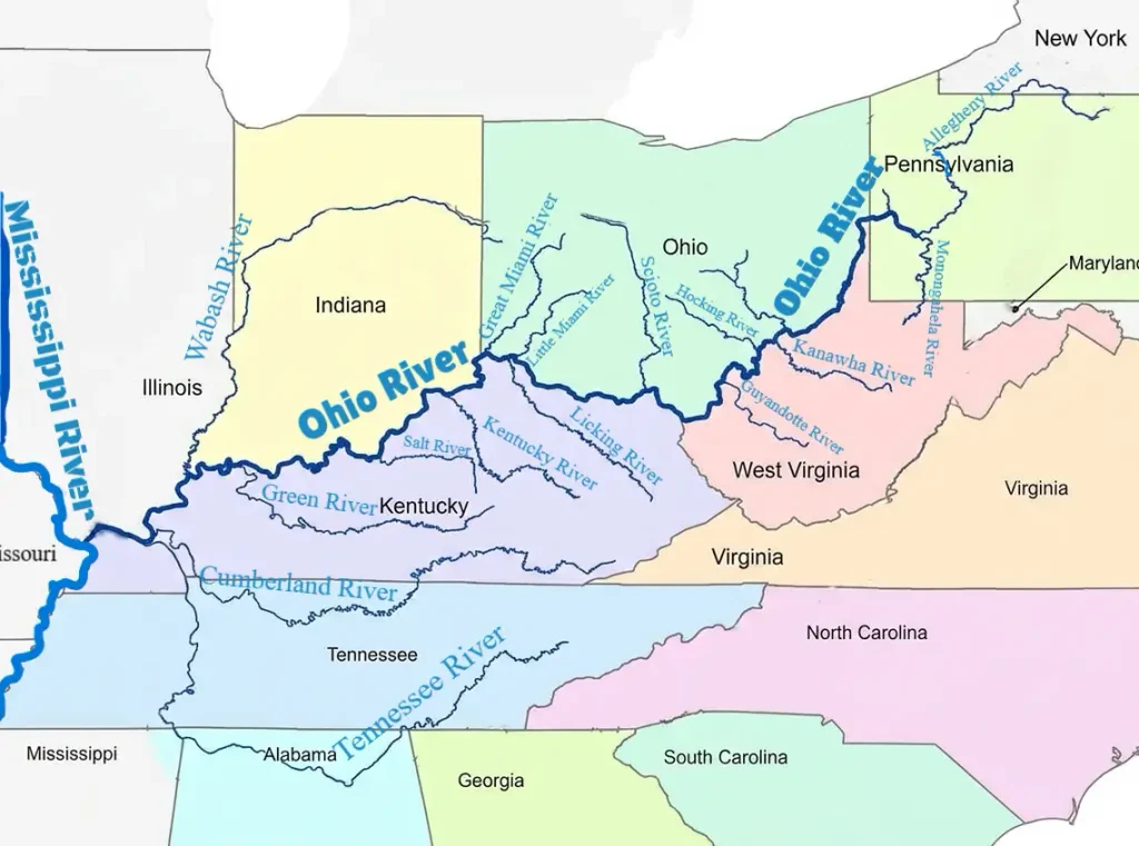 Ohio River map with states showing its route from Pittsburgh to Cairo