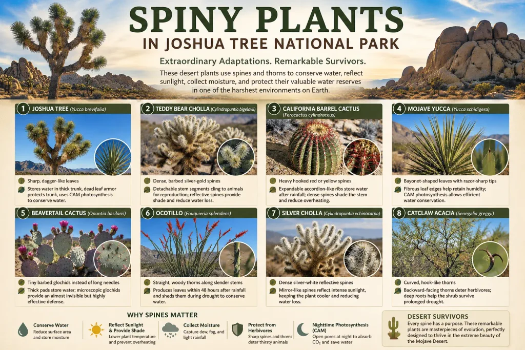 Infographic showing Joshua Tree, Teddy Bear Cholla, California Barrel Cactus, Mojave Yucca, Beavertail Cactus, Ocotillo, Silver Cholla, and Catclaw Acacia with their key desert survival adaptations in Joshua Tree National Park.
